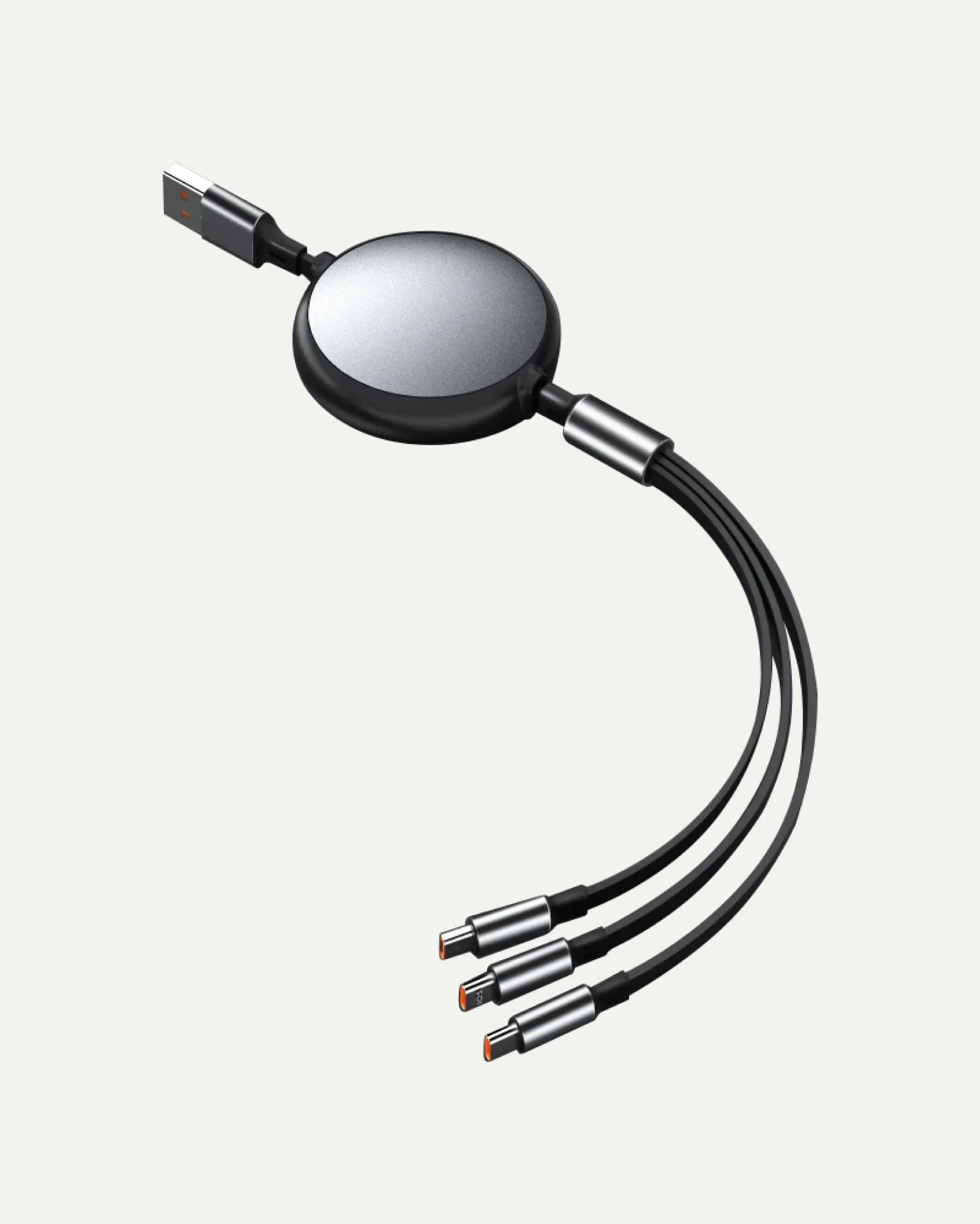A retractable charging cable with three different types of connectors.
