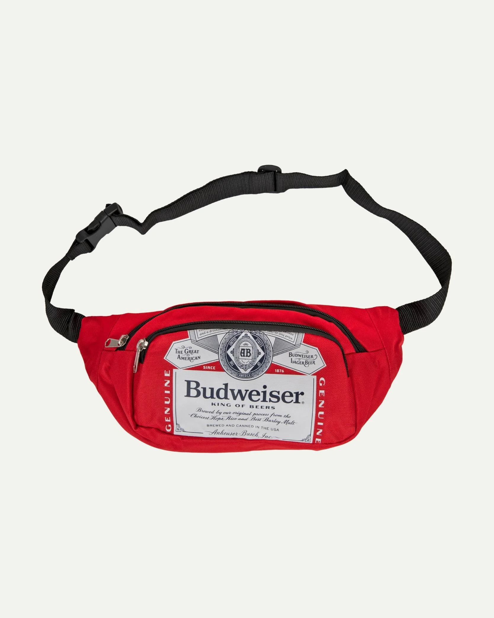 Red Budweiser-themed waist bag with black adjustable strap and front zippered pocket