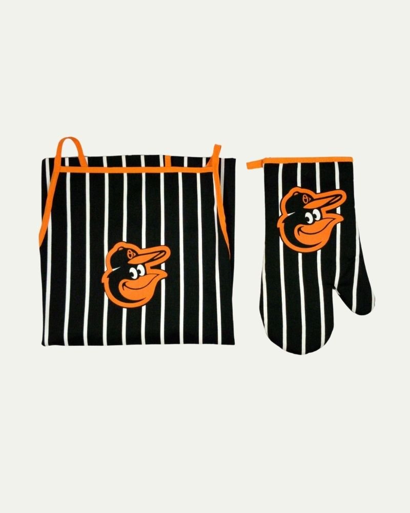 Black and white striped oven mitt and pot holder with Baltimore Orioles logo, orange accents.