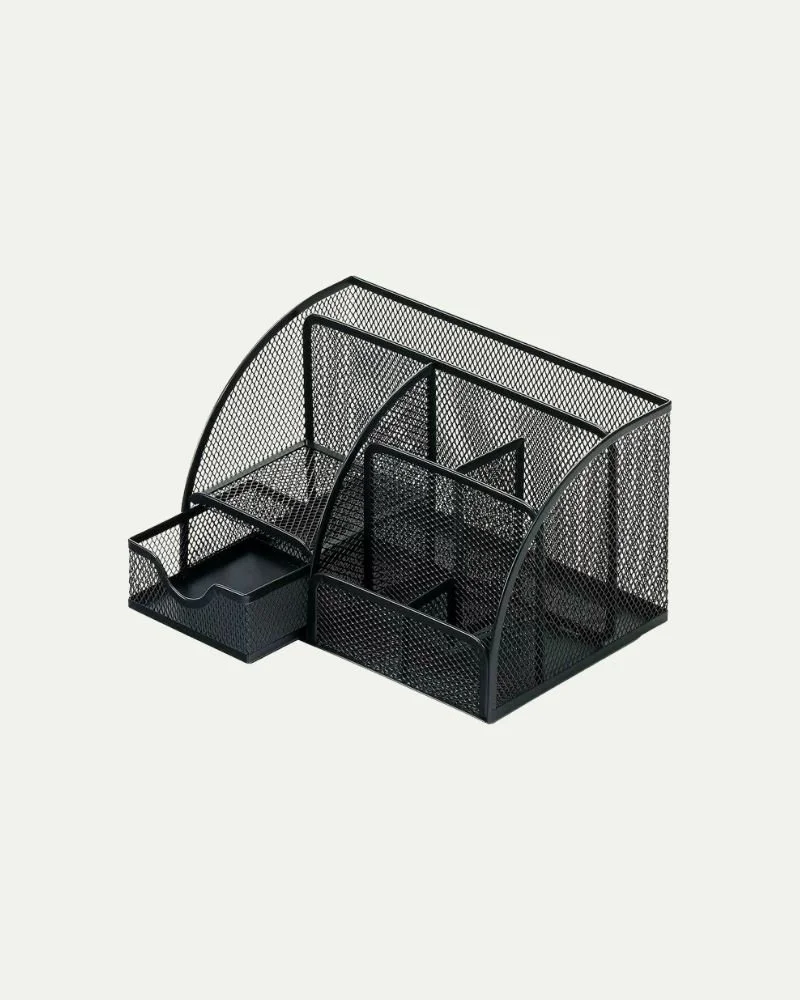Black metal desk organizer with multiple compartments on a light background.
