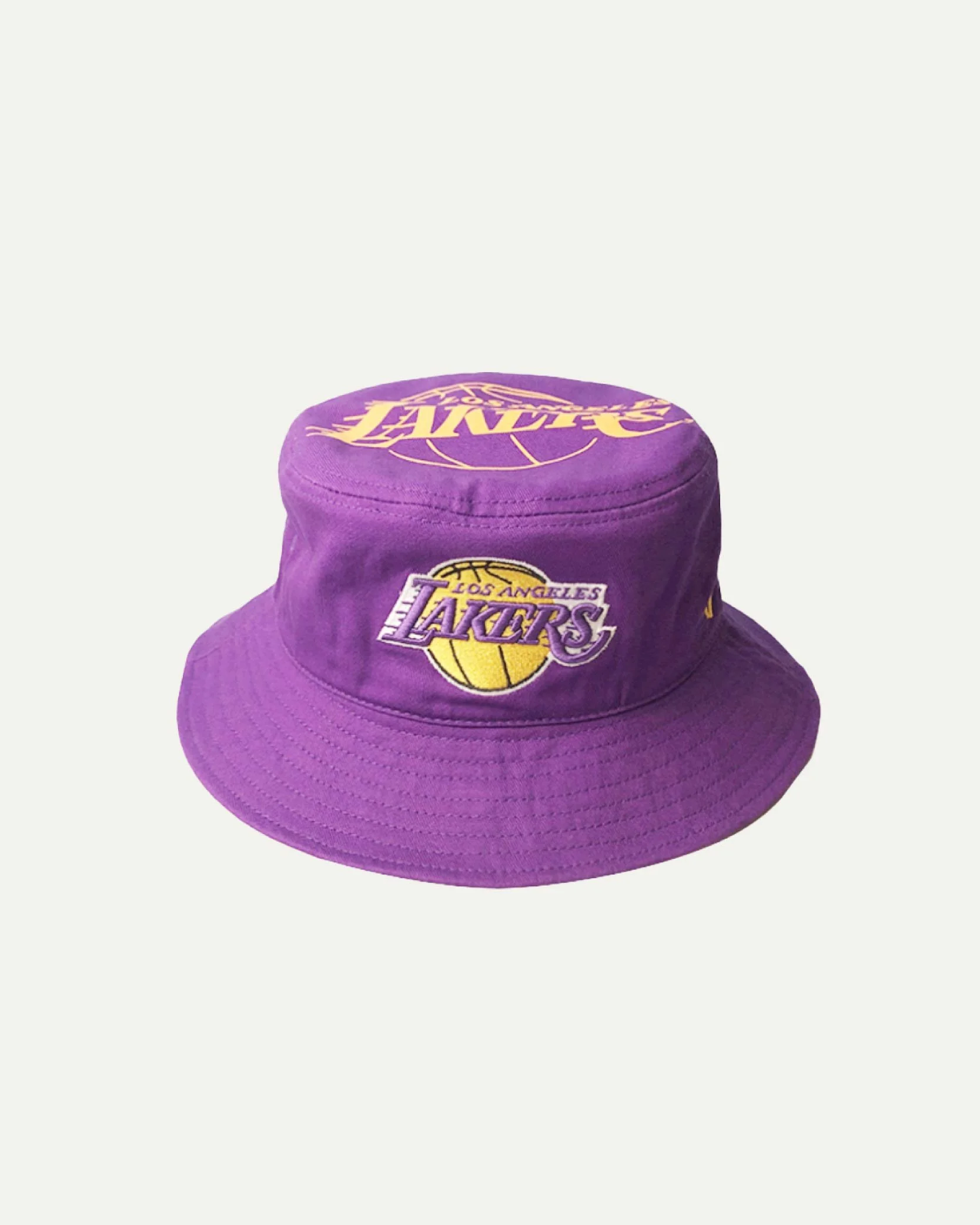 Purple bucket hat with Los Angeles Lakers logo embroidery.