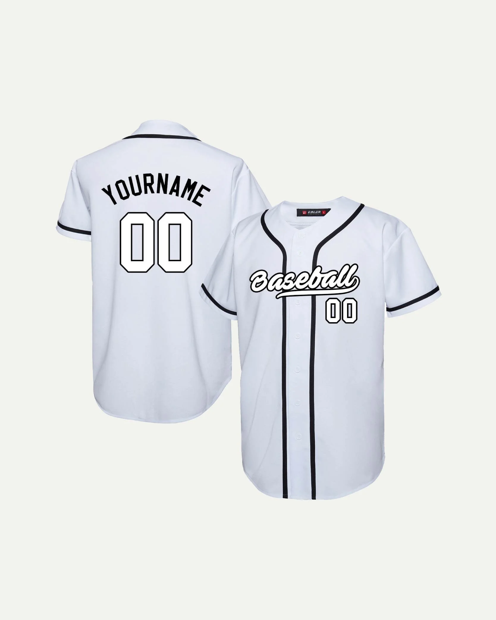 White baseball jersey with black trim, featuring the word 'Baseball' and the number 00 on the front, and 'YOUR NAME' and 00 on the back.