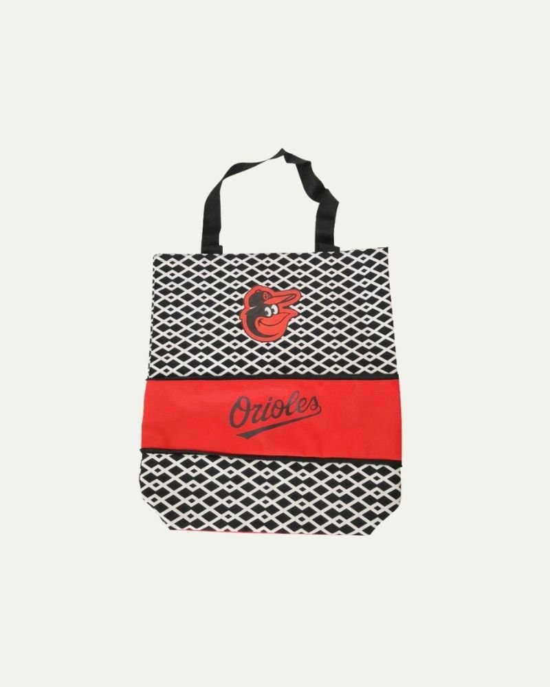 Baltimore Orioles tote bag with a black and white patterned background, featuring their logo and team name in red.