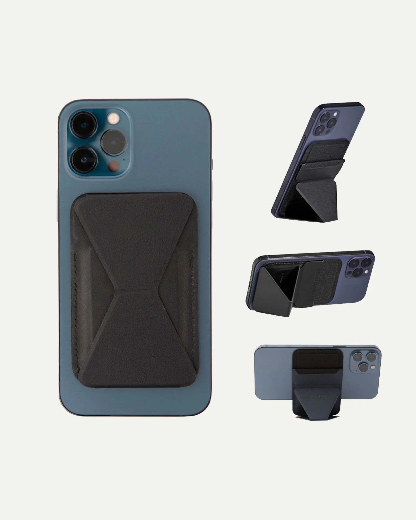 A blue smartphone with a black magnetic phone stand attached to the back, shown in various angles.