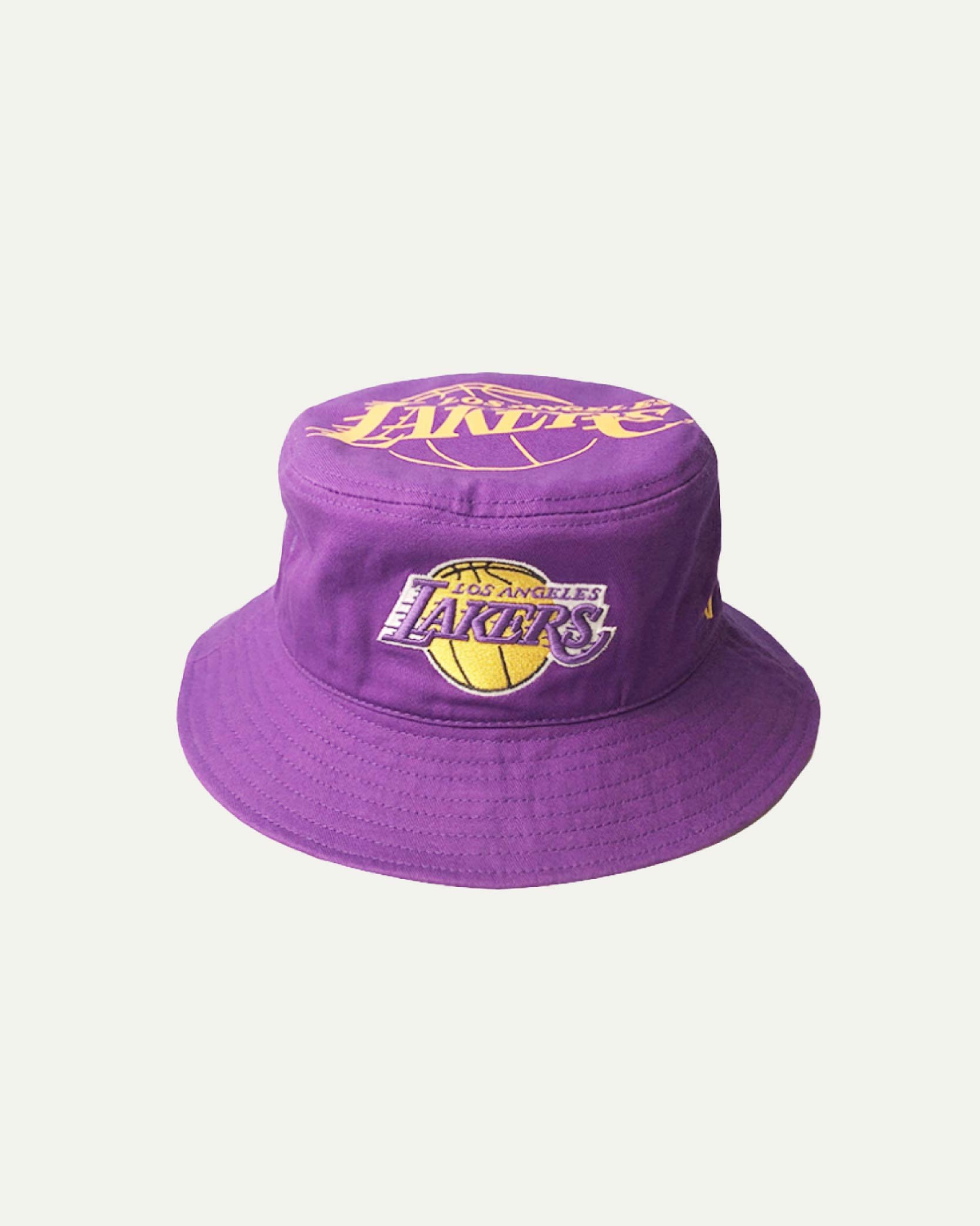 Purple bucket hat with Los Angeles Lakers logo embroidered on the front.