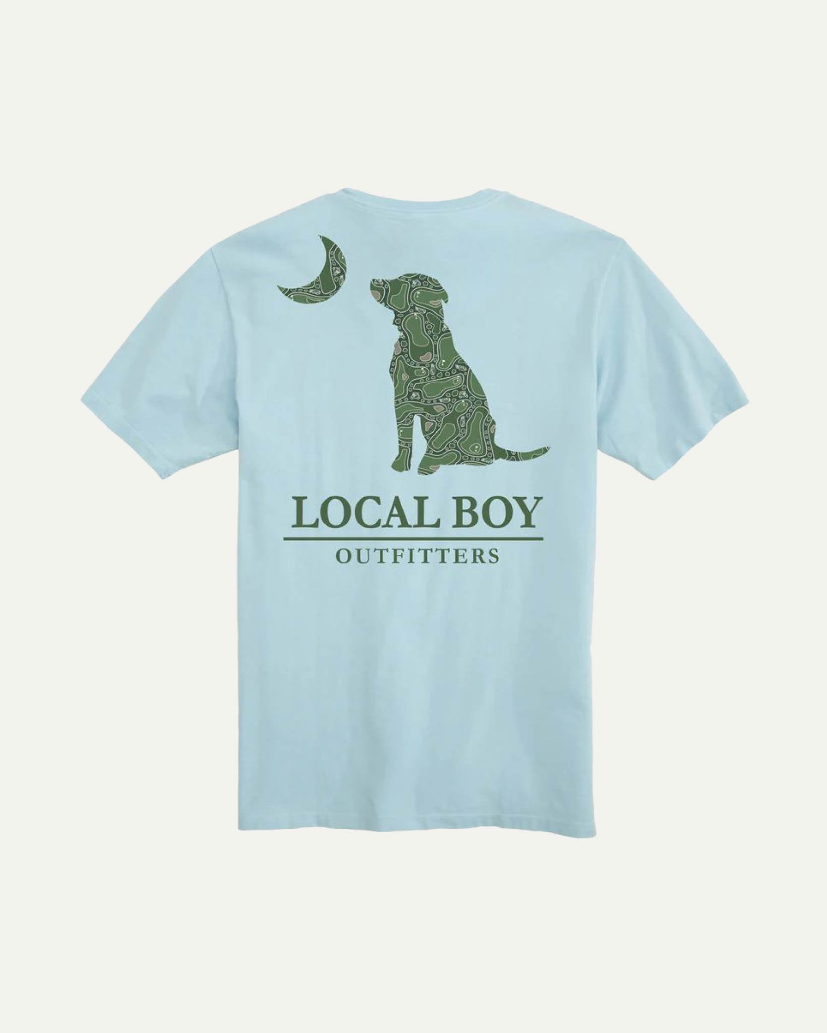 Light blue T-shirt featuring a design of a dog with a patterned texture sitting and looking at a crescent moon.