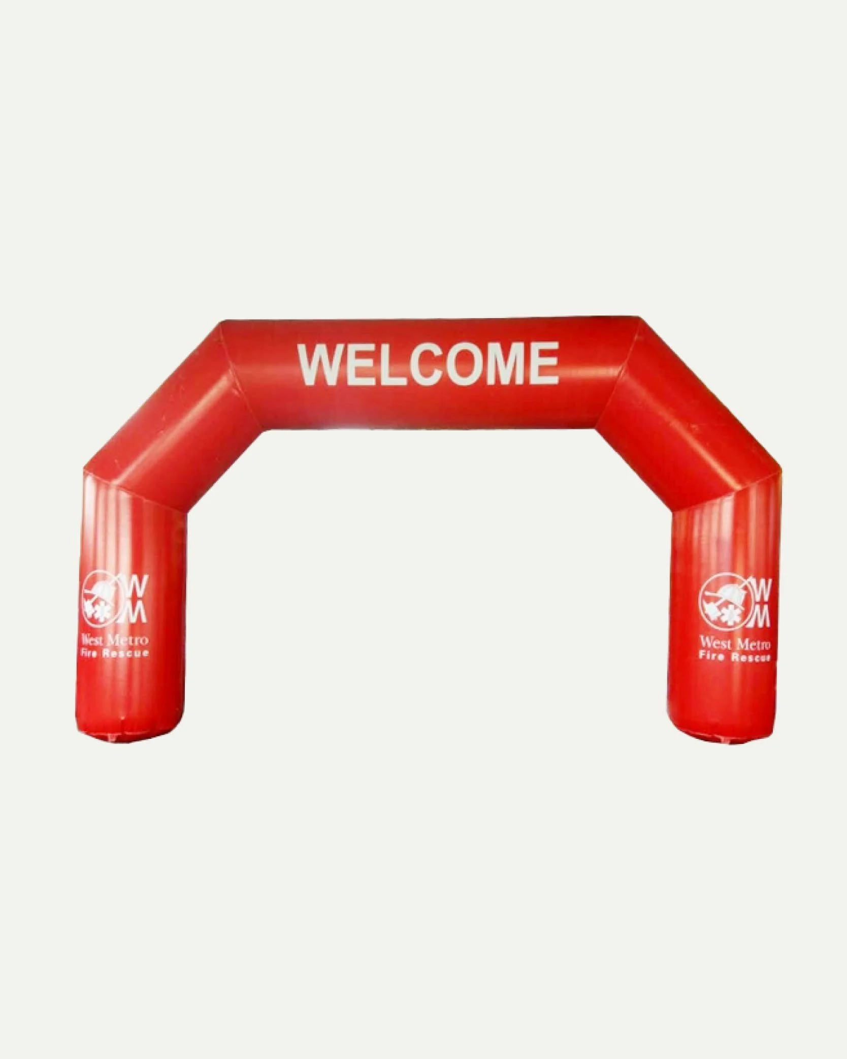 Red inflatable arch with the word "WELCOME" in white letters, promoting West Metro Fire Rescue.