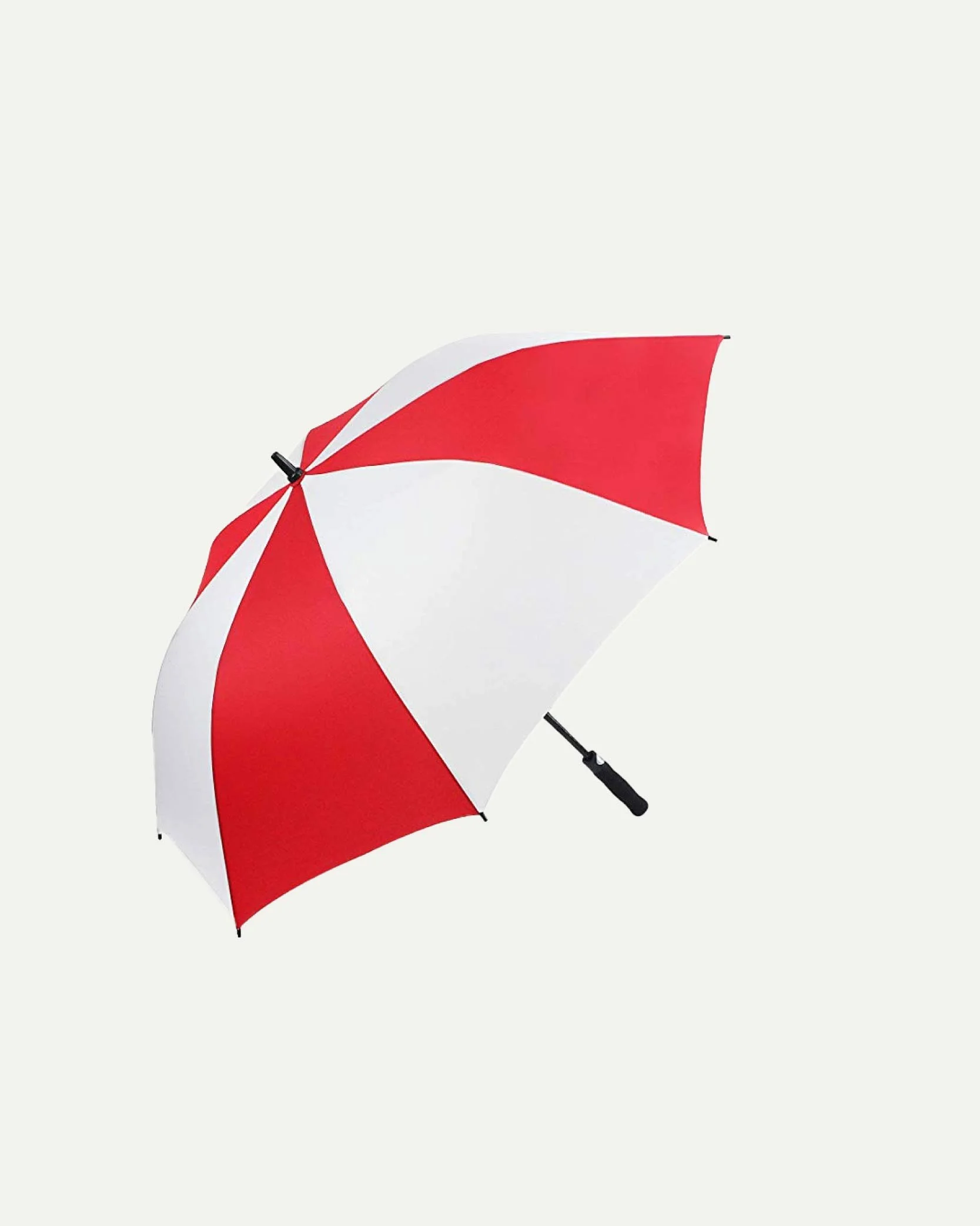 Red and white open umbrella with a black handle on a plain white background.
