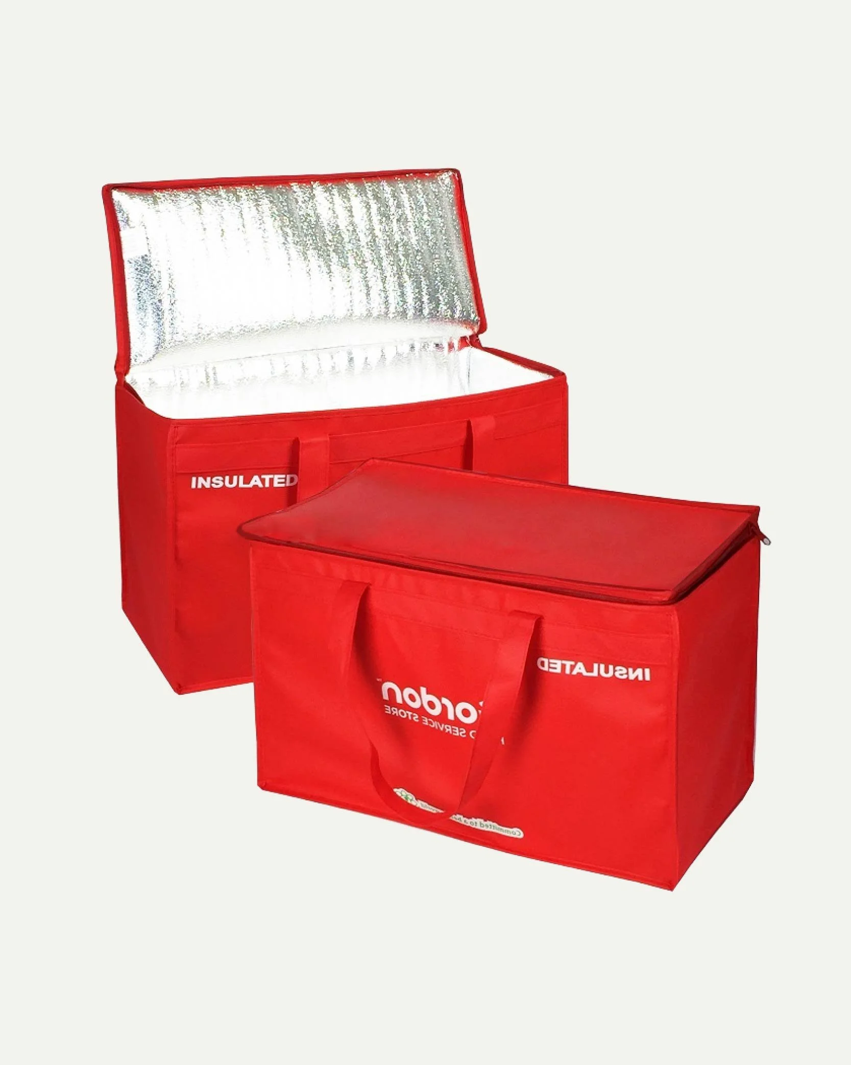 Red insulated delivery bag with the lid open, showing silver interior, and a matching closed bag beside it.