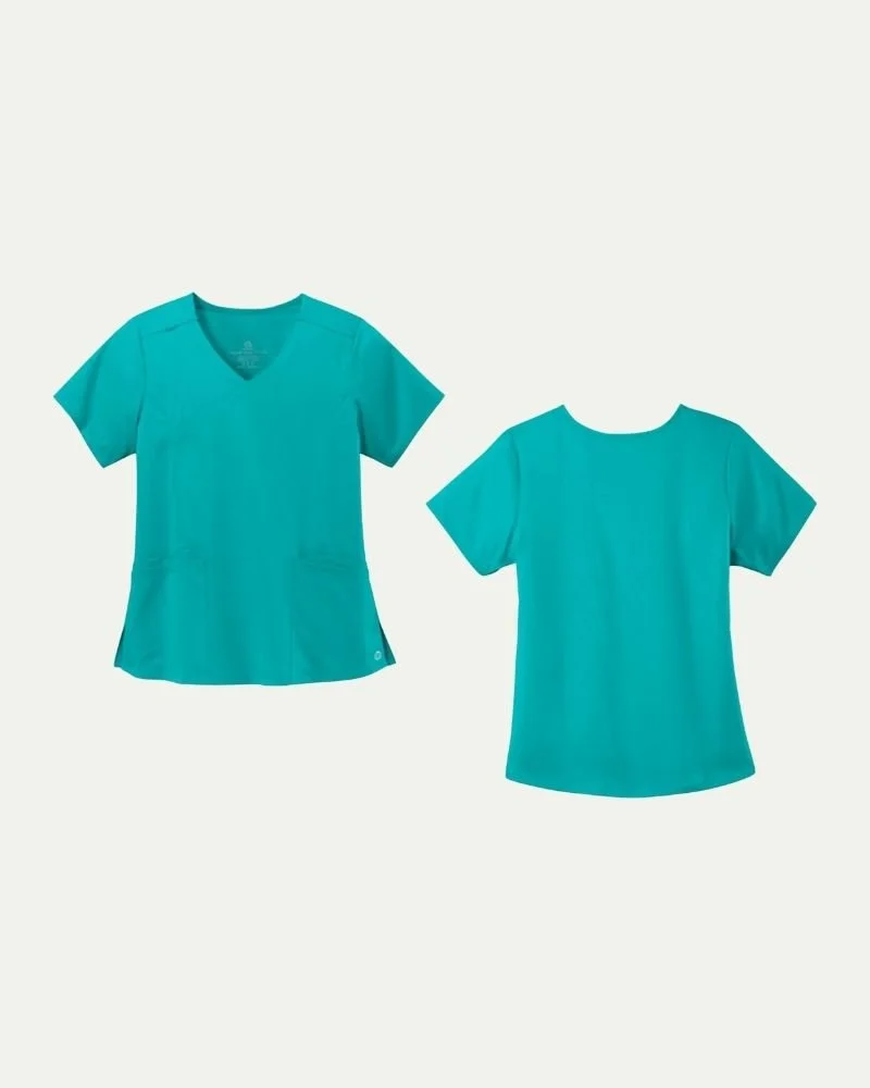 Two teal-colored scrub tops, one with a v-neck and the other with a round neck, displayed against a light background.