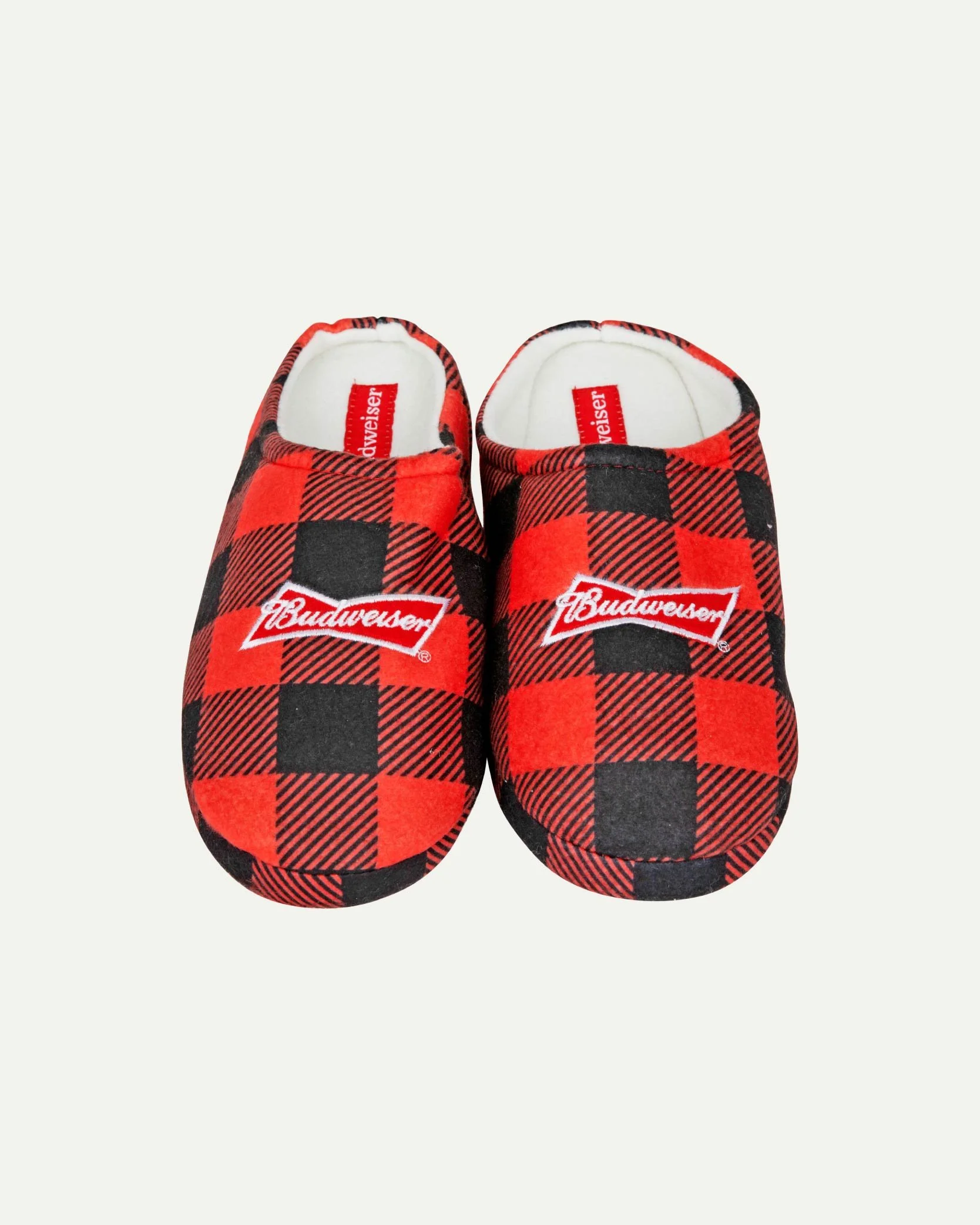 Pair of red and black checkered slippers with 'Budweiser' logo on top.