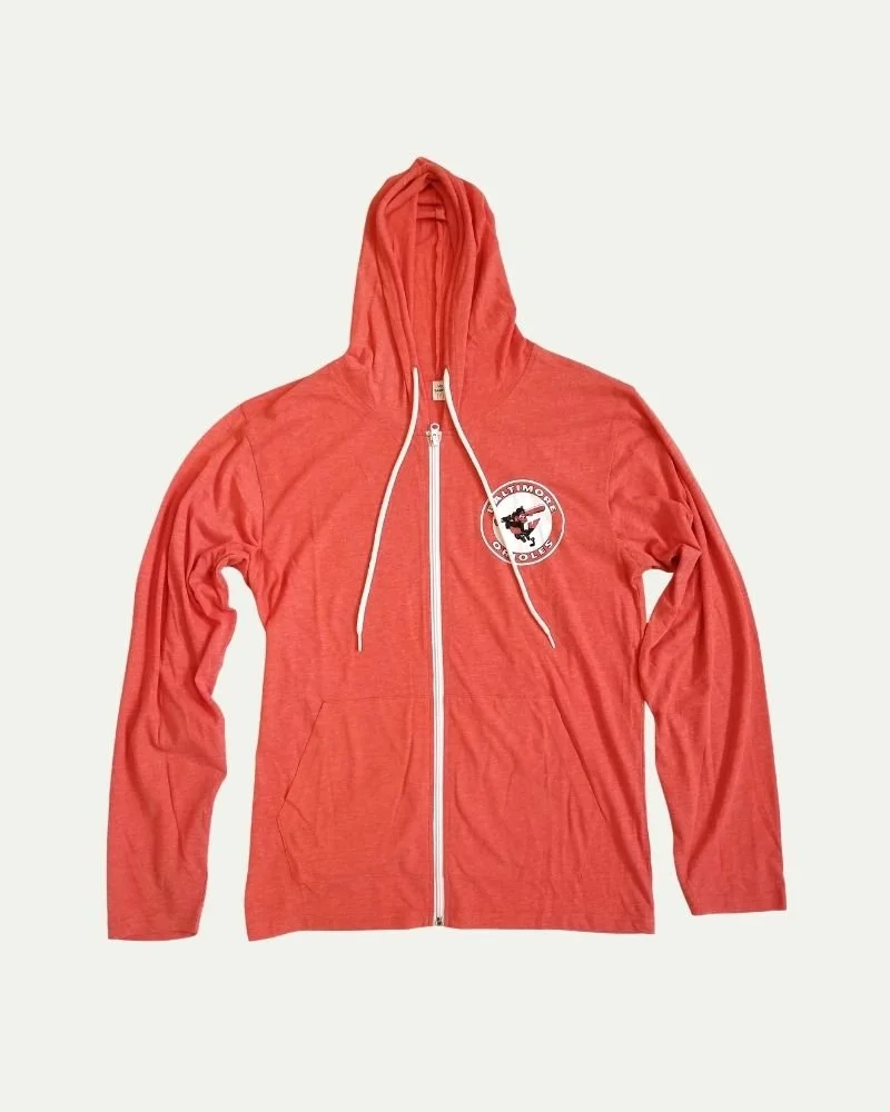 Red hooded zip-up hoodie with white drawstrings and a circular logo on the chest that features a black eagle and the text 'ULTIMO'.