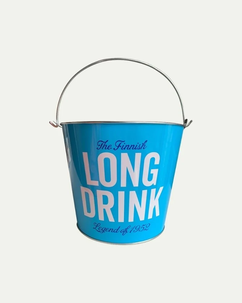 A blue metal bucket with a metal handle, labeled "The Finnish Long Drink Legend of 1952" in white and blue text, set against a plain white background.