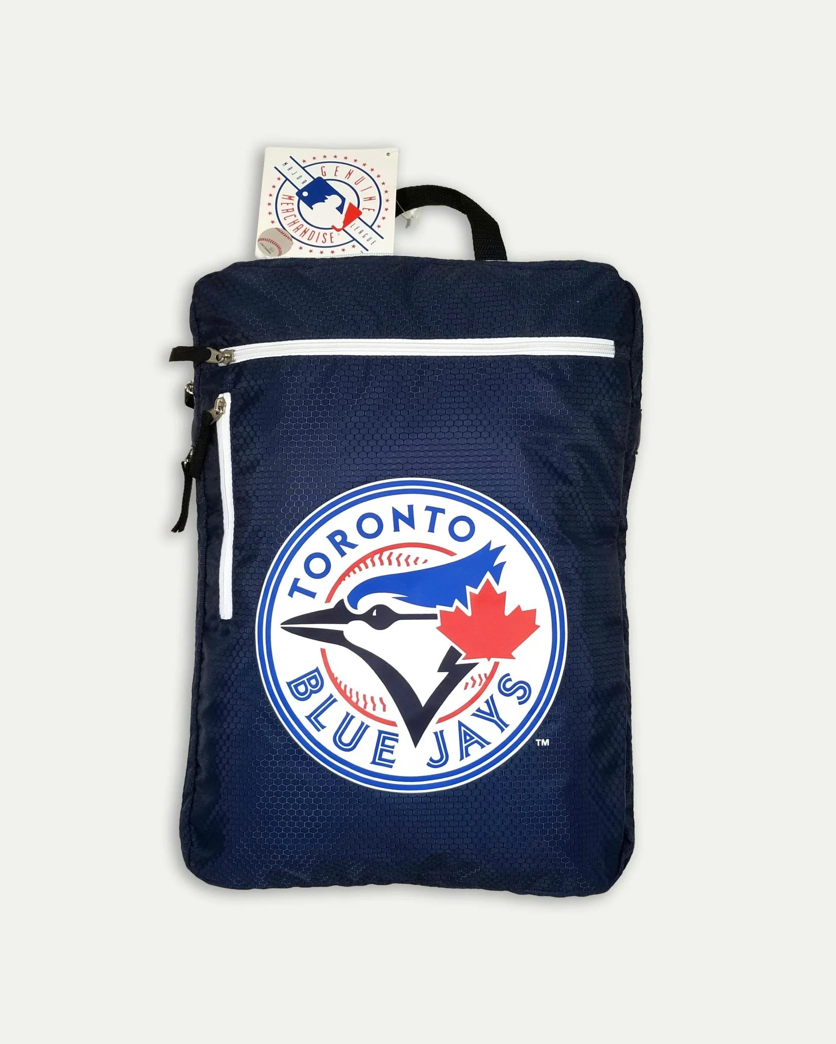 Blue Toronto Blue Jays backpack with team logo and a tag attached.