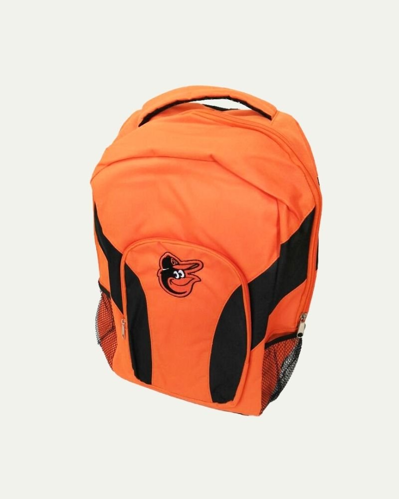 Orange and black backpack with a cartoon duck logo.