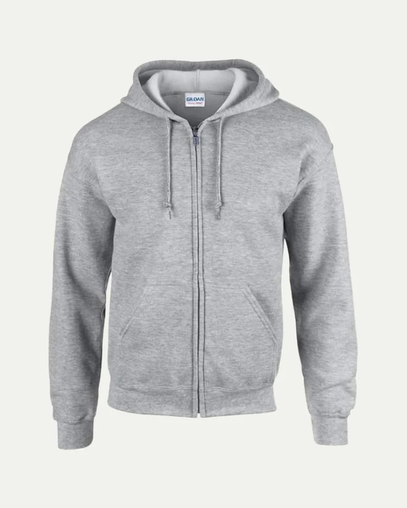 Gray zip-up hoodie with front pockets and a hood.
