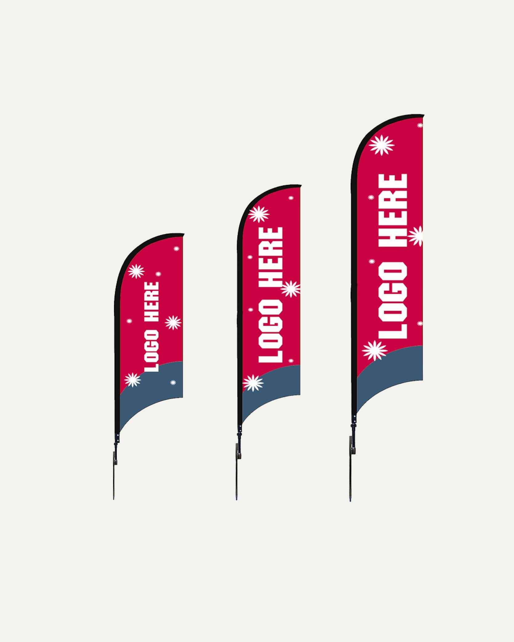Three vertical feather flags with red, blue, and white design, displaying 'LOGO HERE' text and snowflake graphics.