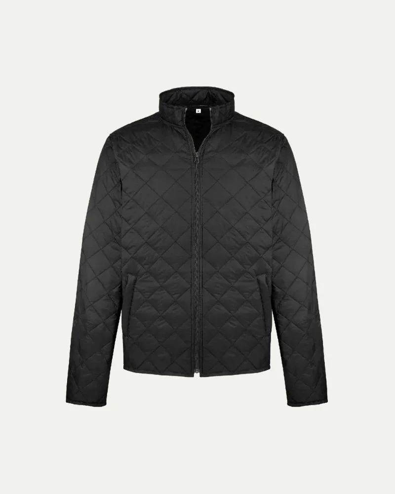 Black quilted jacket with a zipper front and stand-up collar.