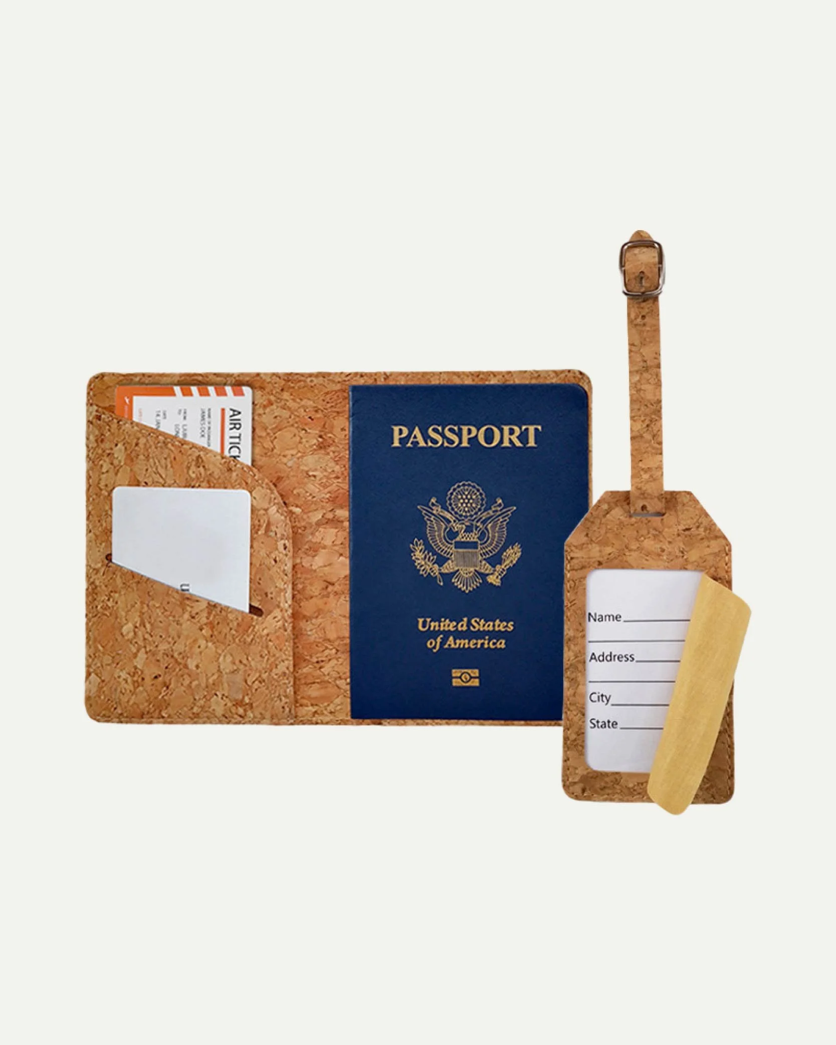 Travel accessories made of cork, including a passport holder with a U.S. passport, a luggage tag with a name and address slip, and a boarding pass inside the holder.