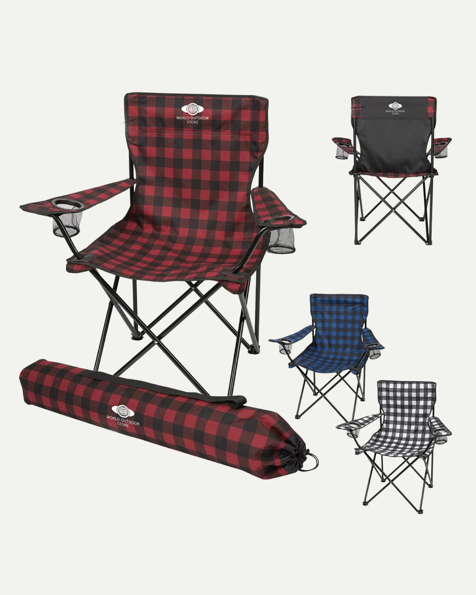 Set of four foldable camping chairs with plaid patterns in red, blue, and black, including a carrying bag, on neutral background.