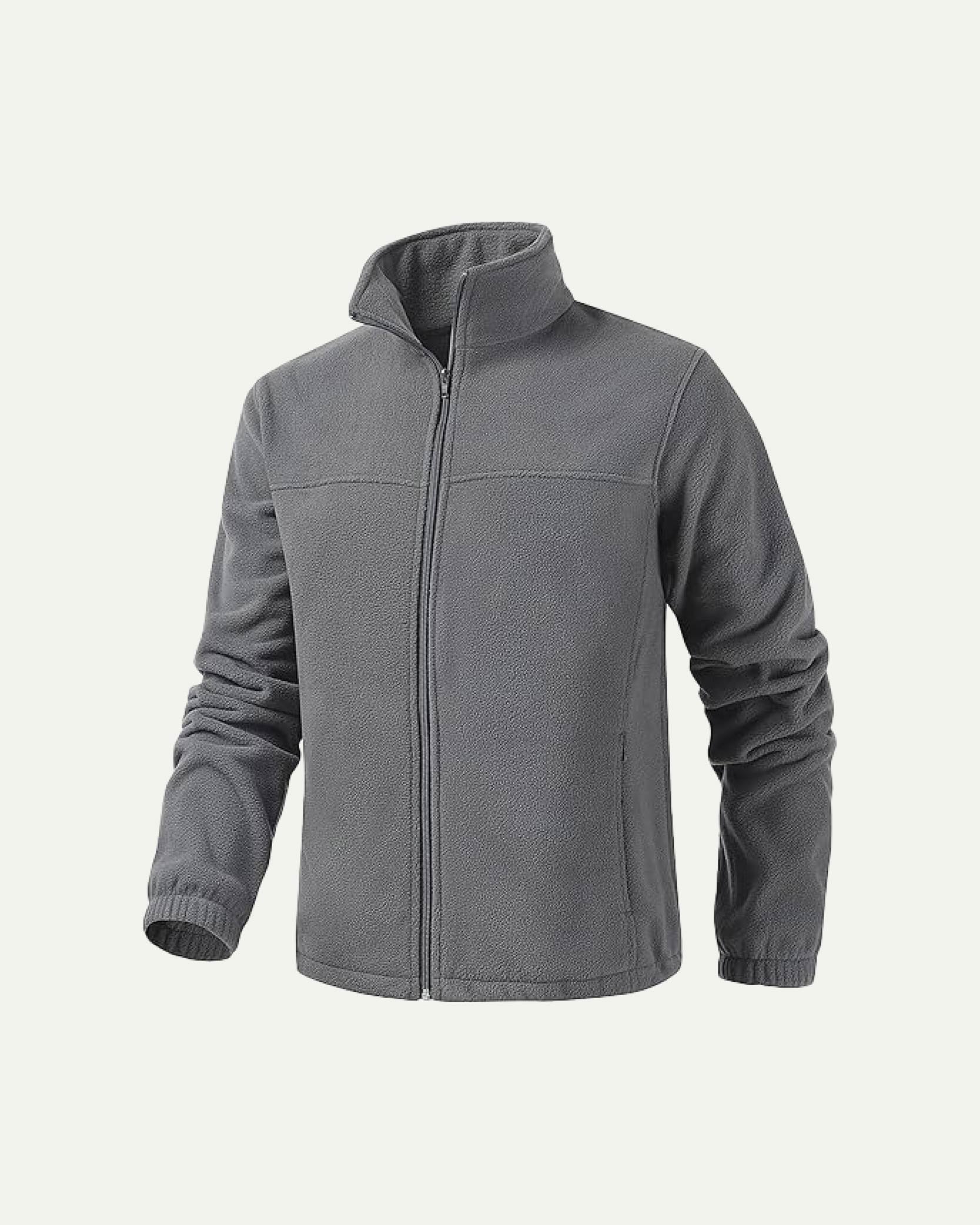 Gray fleece jacket with a full front zipper and high collar on a plain background.