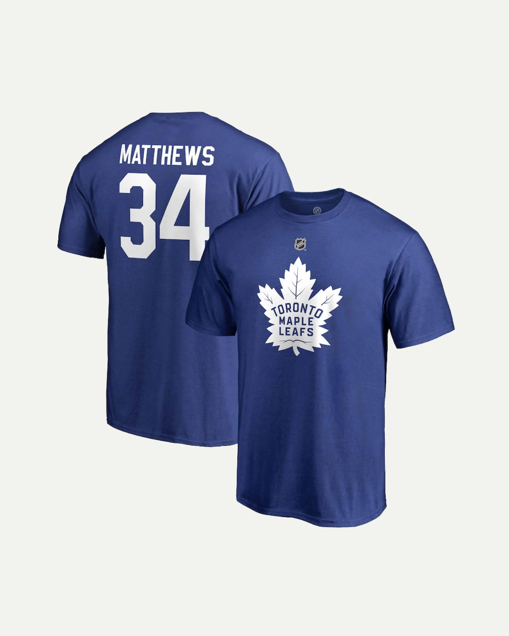 Two Toronto Maple Leafs hockey jerseys, one showing the front with the team logo, the other showing the back with the name 'Matthews' and the number 34.