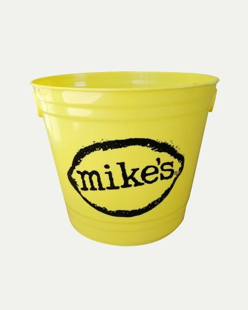 Yellow plastic bucket with black 'mike's' logo on the front.