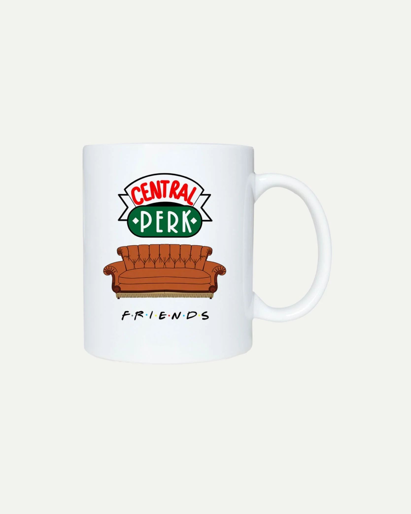 White coffee mug featuring the Central Perk logo from Friends, with a sofa illustration and the show's title.