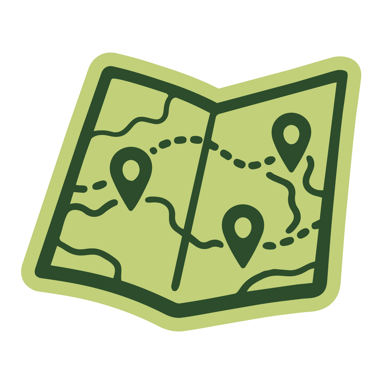 An illustrated map with pathways and three location pins indicating points of interest or destinations.