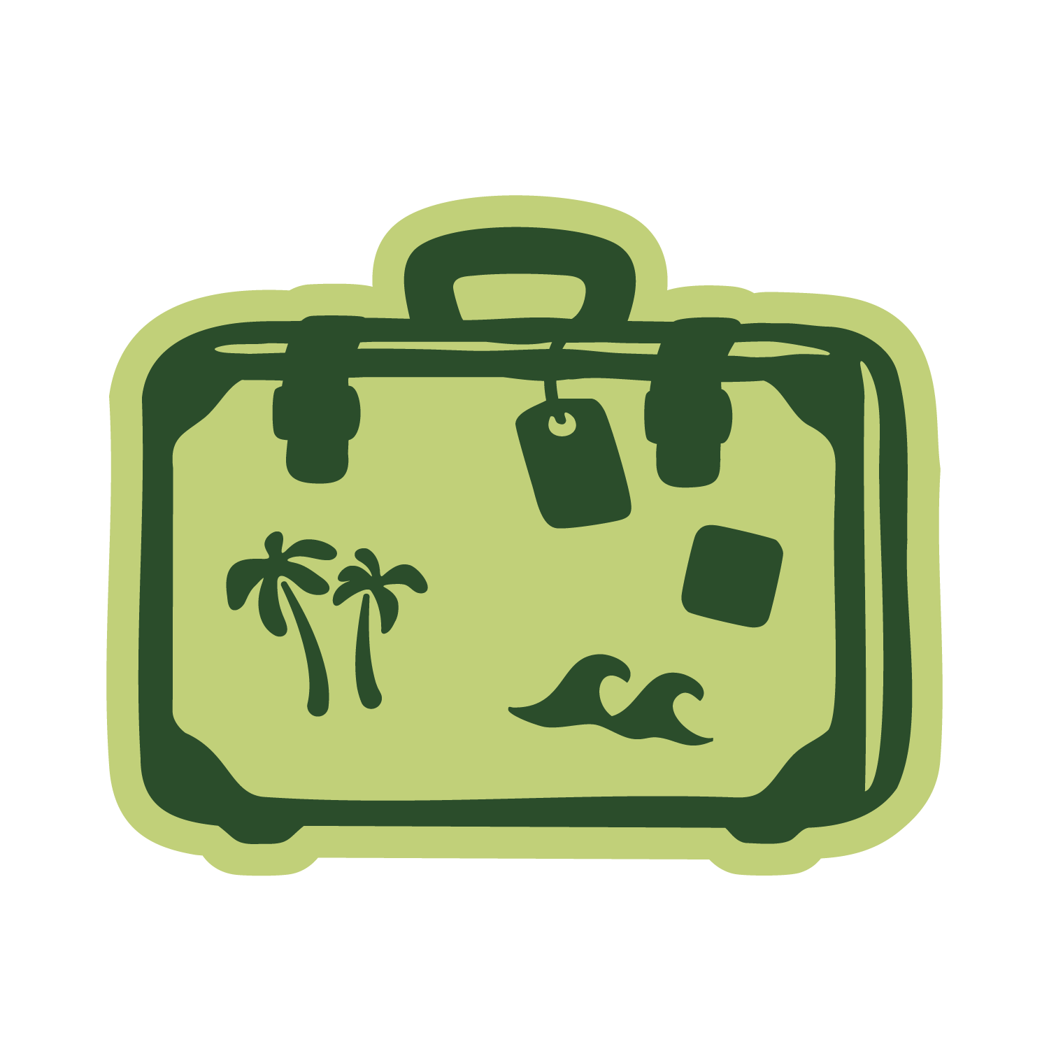 Stylized illustration of a tan suitcase with travel stickers, including palm trees, an ocean wave, and two empty squares.