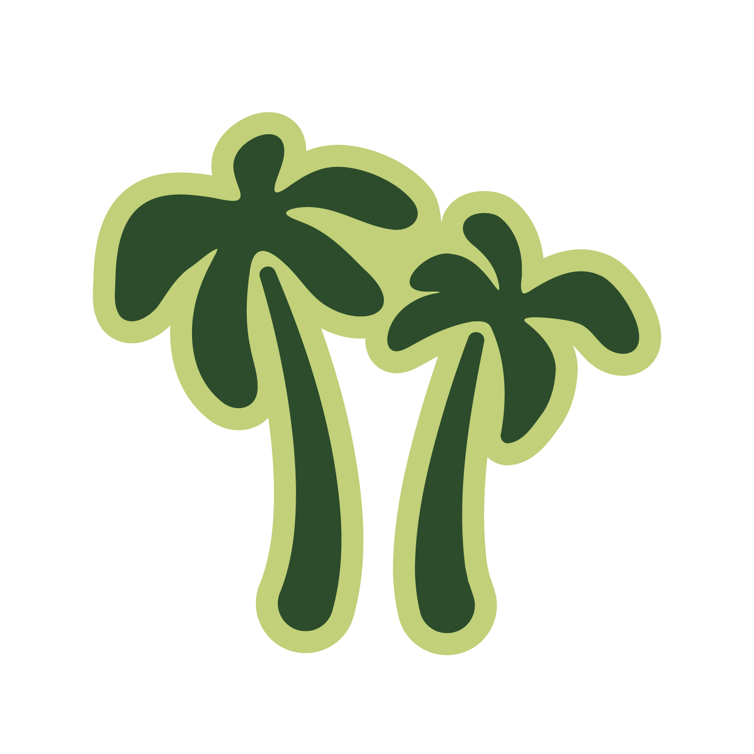 Illustration of two green palm trees with large leaves on a black background.
