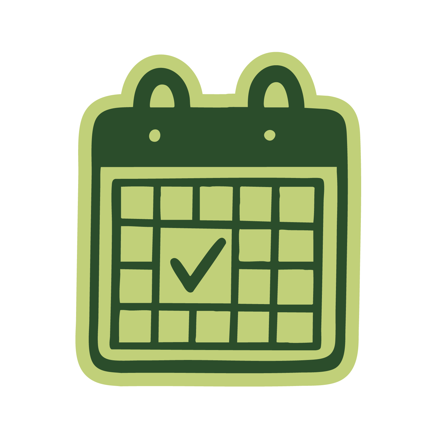 Green calendar icon with a checkmark on a date.