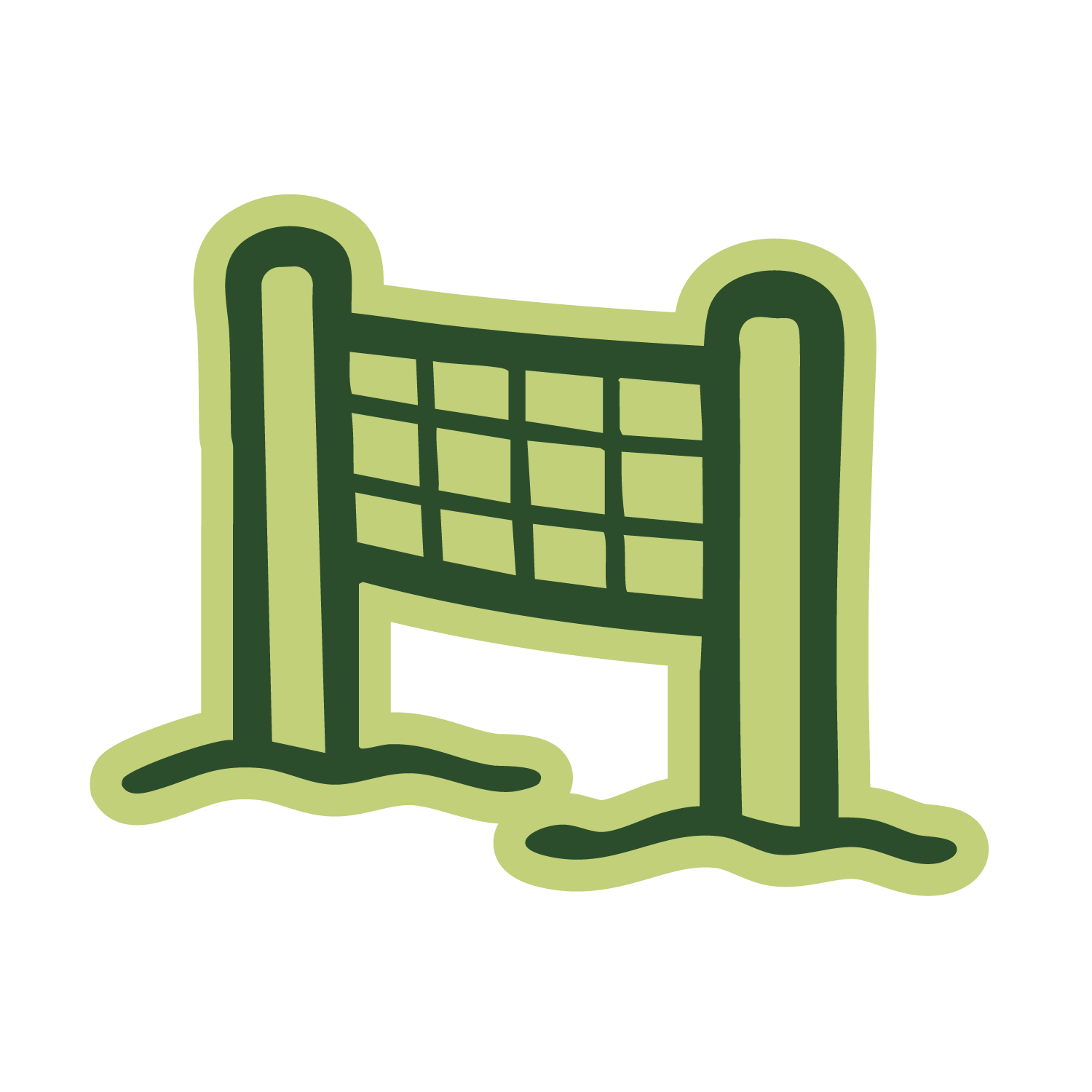 A simple illustration of a volleyball net with green outline and grid pattern.
