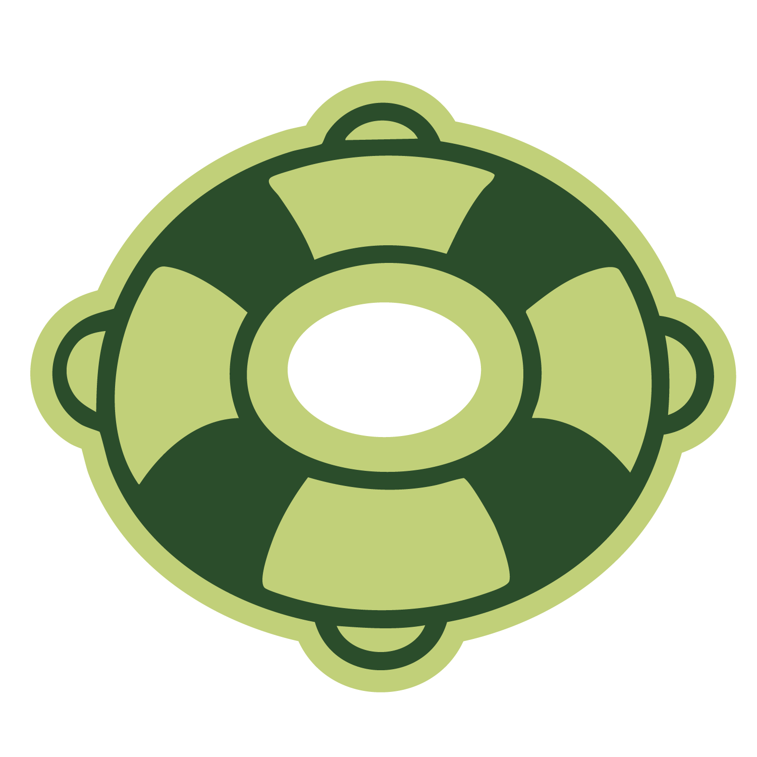 A green and dark green lifebuoy with alternating color segments.