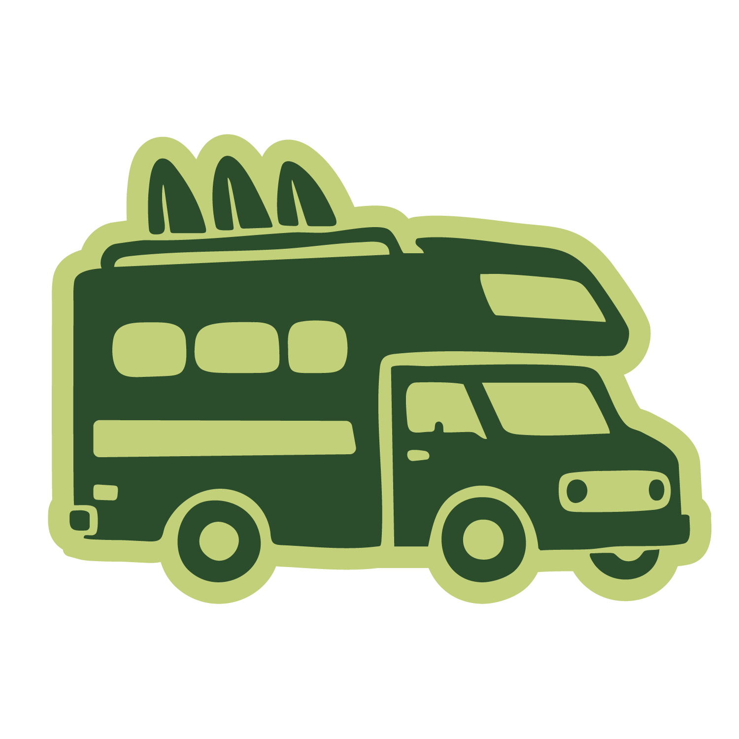 Green illustrated camper van with surfboards on top.