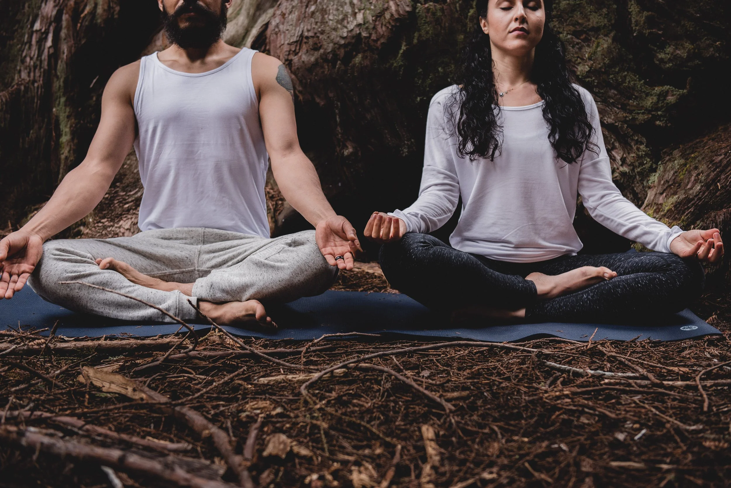 Two people practicing meditation outdoors in a forest, sitting cross-legged on mats with eyes closed, in a peaceful environment.
