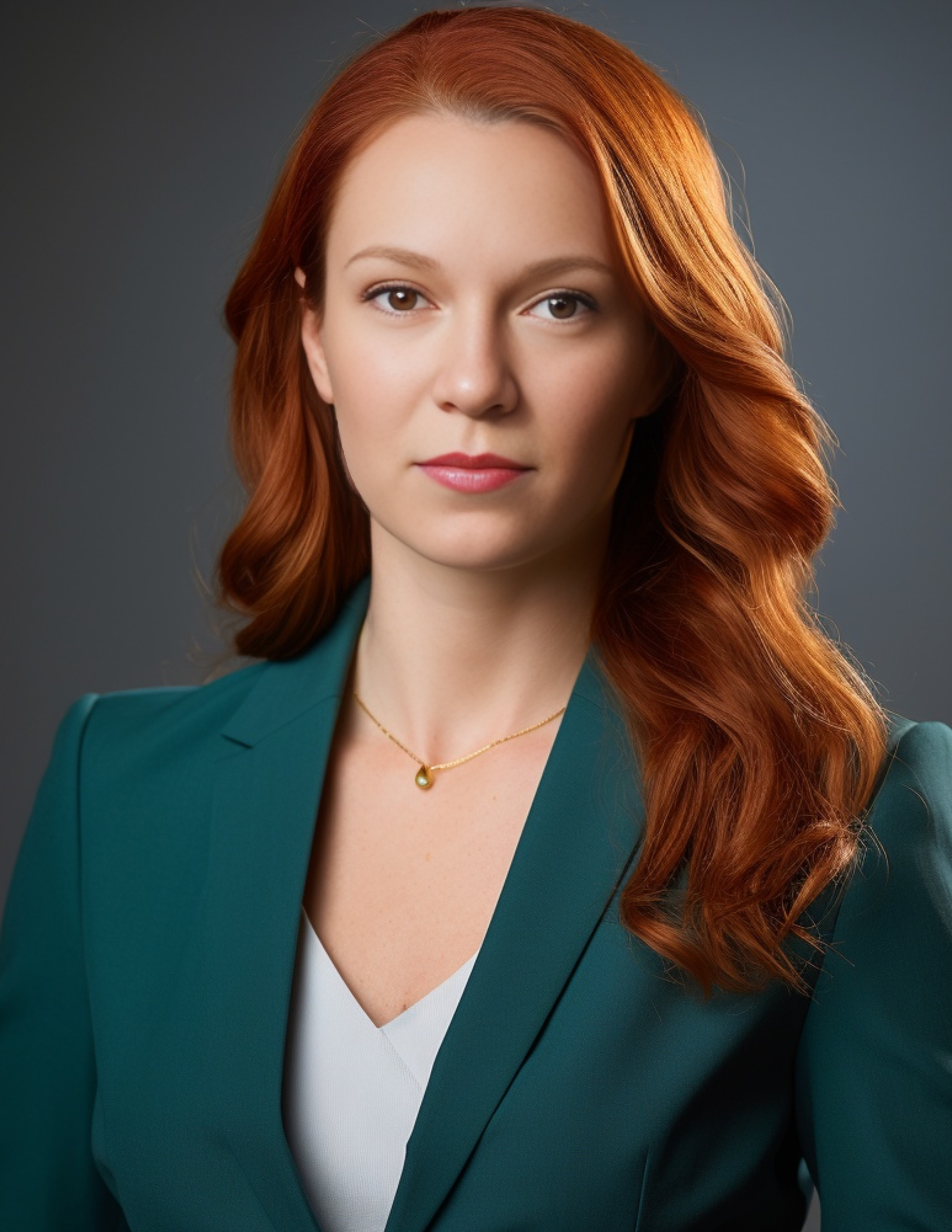 Jaclyn Alm with long, wavy red hair wearing a teal blazer and a white top, accessorized with a small gold pendant necklace, against a dark gray background.