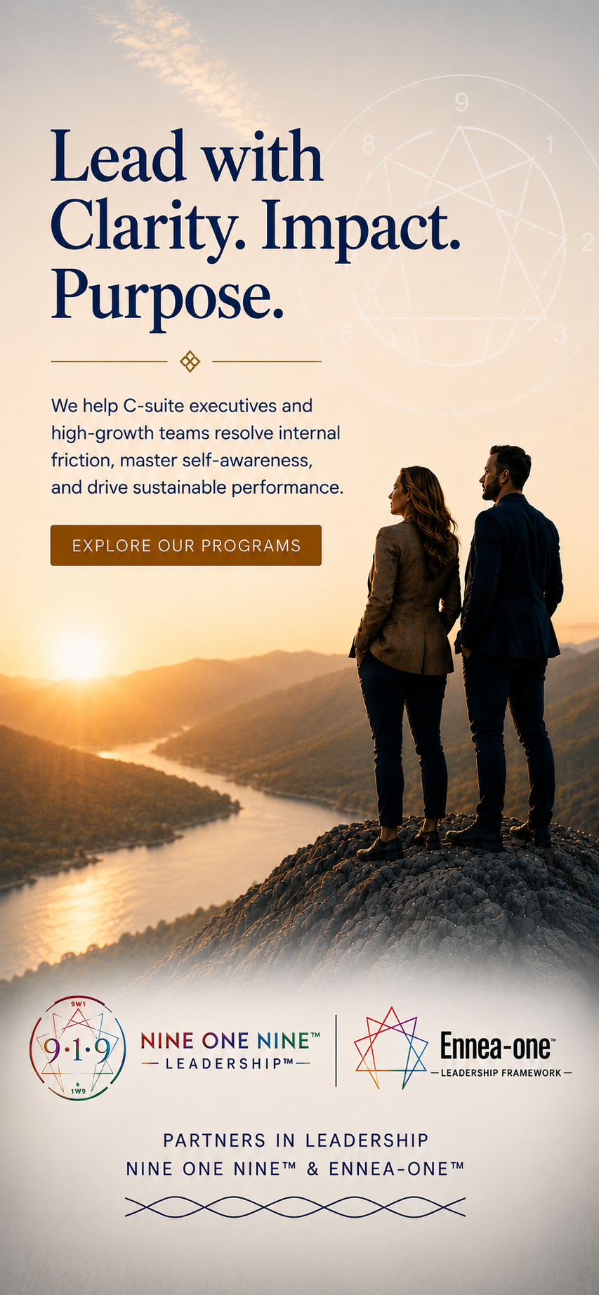 A sunset view with Jaclyn Alm & Dr. Gilbert G. Barela in business attire standing on a mountain, looking into the distance. The background includes text emphasizing leadership, logos of Nine One Nine Leadership, Ennea-one, and partners in leadership.