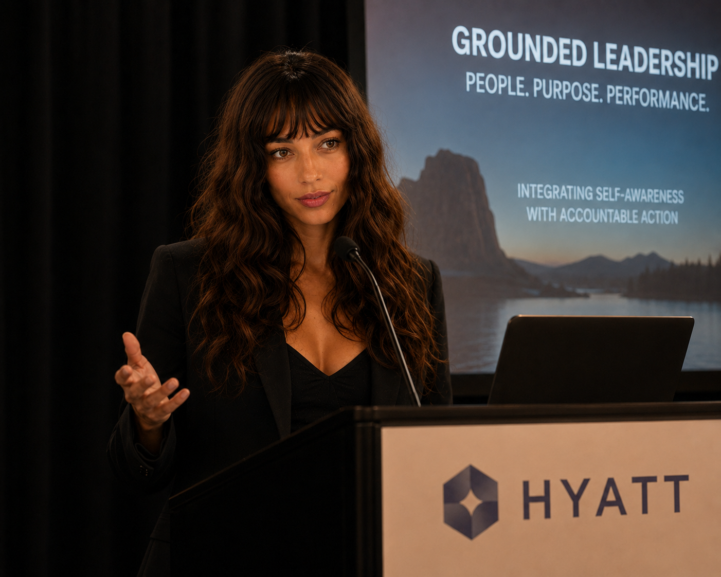 Audrey Pederson giving a presentation at a conference with a slide that reads 'Grounded Leadership' and a scenic background of mountains and water.