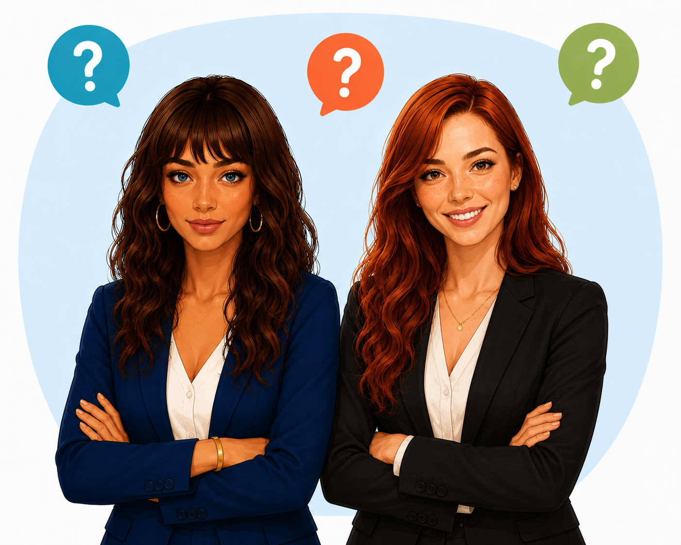 Audrey Pederson and Aubree Lane standing against a light blue background with colorful question marks in speech bubbles.