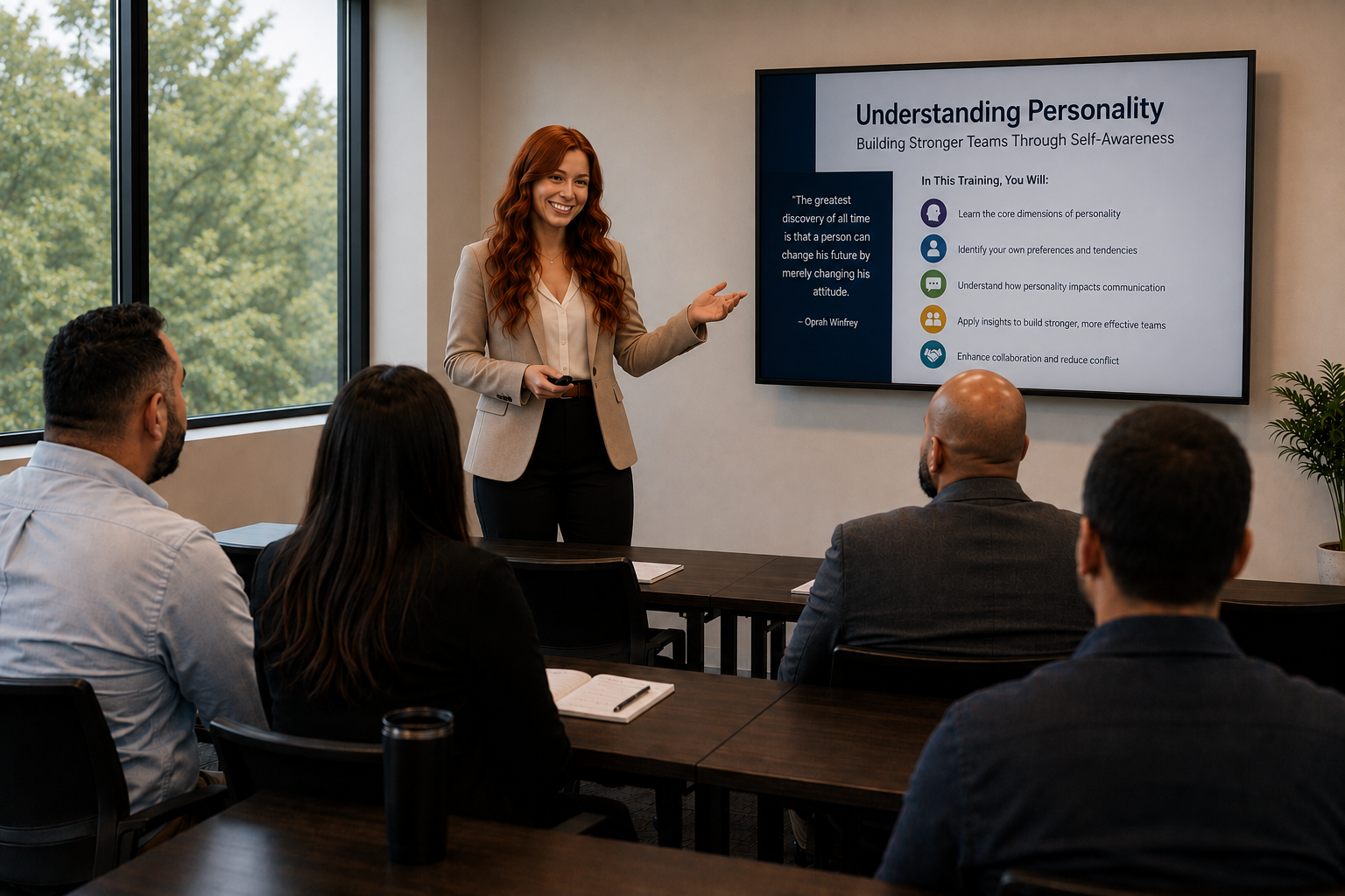Aubree Lane giving a presentation to a small group of people in a conference room. The presentation screen displays the title 'Understanding Personality' and bullet points about personality traits and team building.