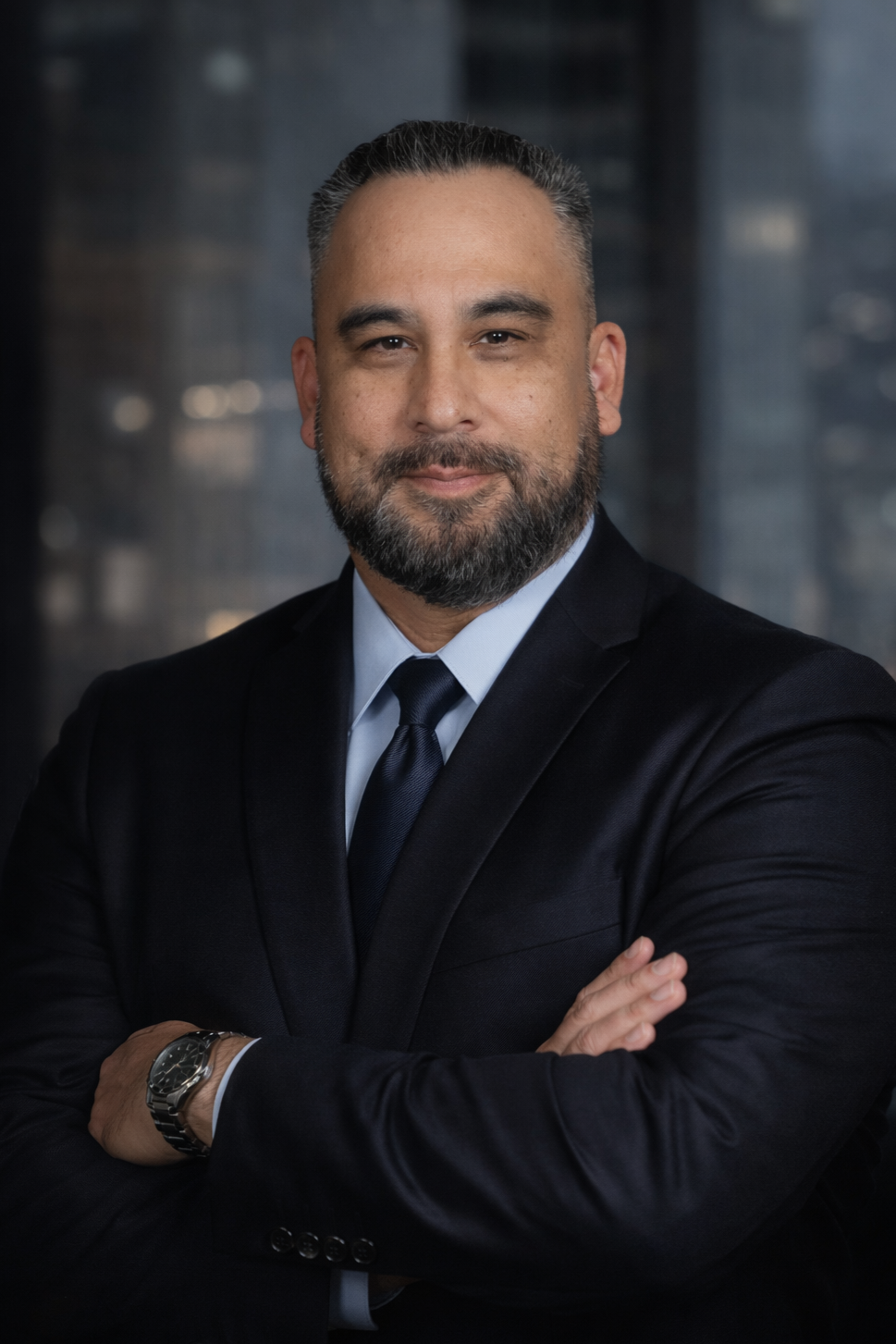 Gilbert G. Barela, PhD wearing a dark suit, white shirt, and dark tie, standing with arms crossed in front of a blurred cityscape background.