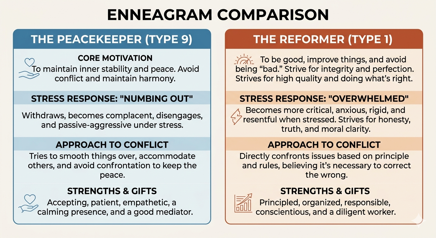 Comparison chart contrasting the Enneagram Type 9 Peacekeeper and Type 1 Reformer. The chart has two columns; the left details Type 9 motivation, stress response, approach to conflict, and strengths, emphasizing harmony, patience, and acceptance. The right details Type 1 highlighting improvement, honesty, principle-based conflict resolution, and responsibility.