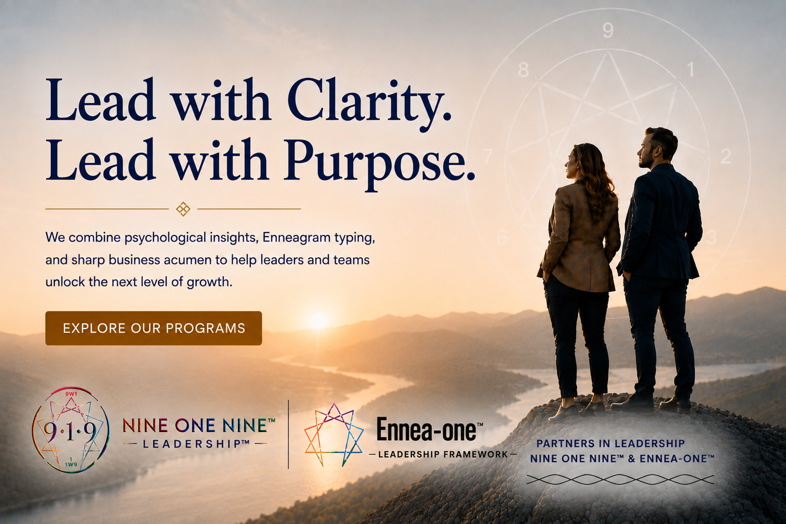 A sunset view with Jaclyn Alm & Dr. Gilbert G. Barela in business attire standing on a mountain, looking into the distance. The background includes text emphasizing leadership, logos of Nine One Nine Leadership, Ennea-one, and partners in leadership.