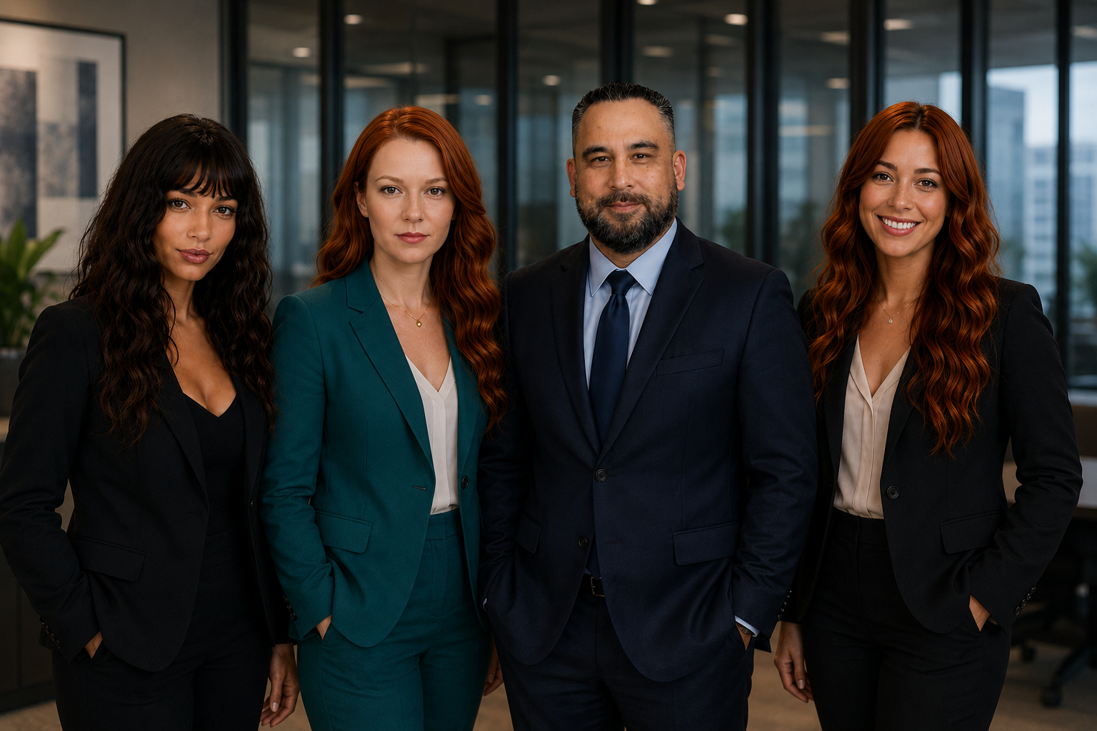 Audrey, Jaclyn, Gilbert, and Aubree standing together in the Nine One Nine Leadership office with glass windows in the background.