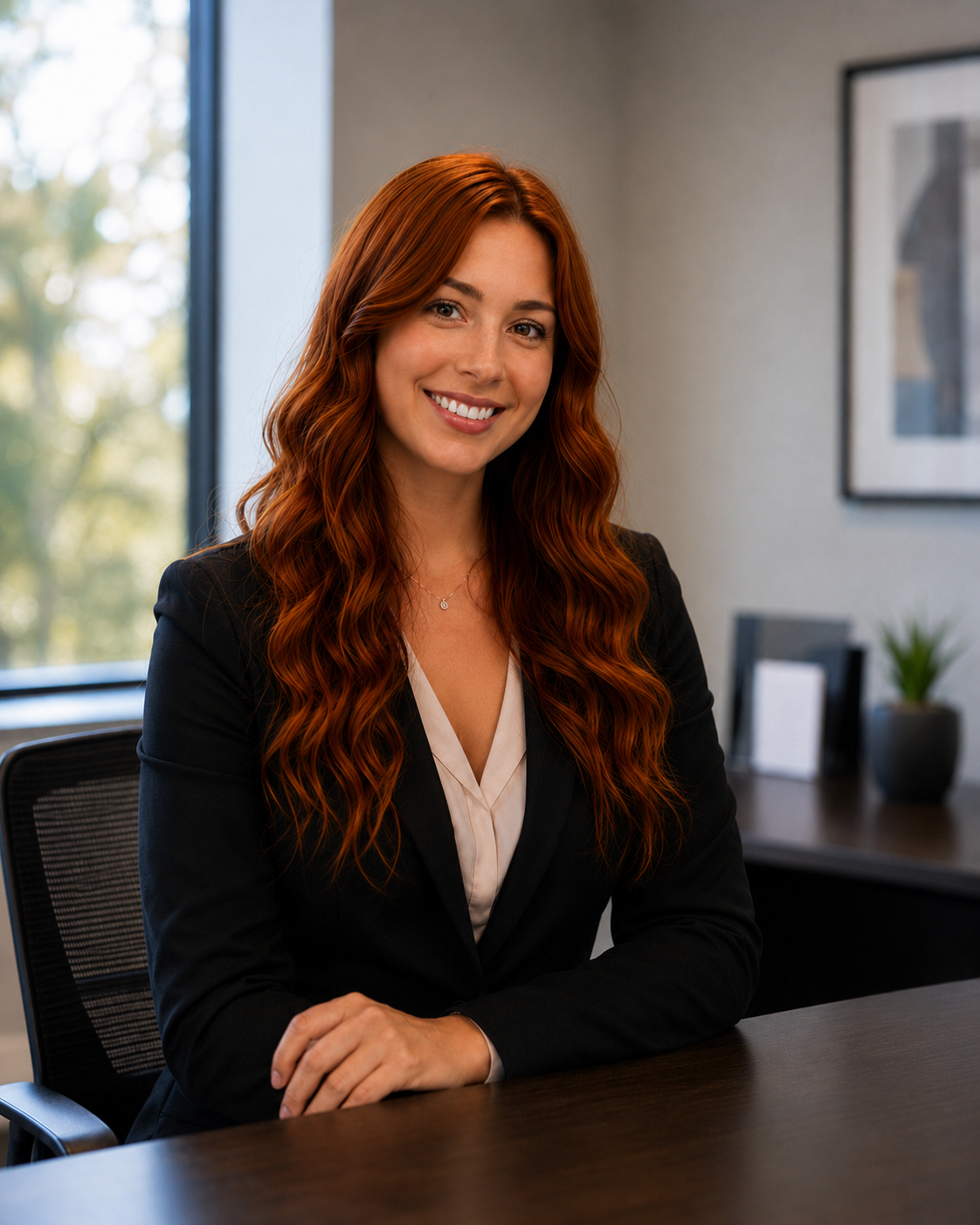 Aubree Lane with long red hair and a black blazer sitting at a desk in an office, smiling at the camera.