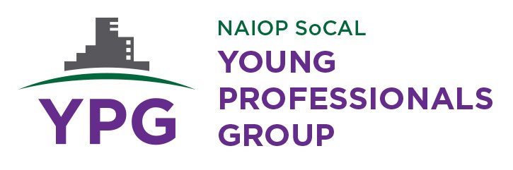 Logo for the NAIOP SoCal Young Professionals Group featuring a stylized building, with the text 'NAIOP SoCal Young Professionals Group' and the abbreviation 'YPG' in purple and green.