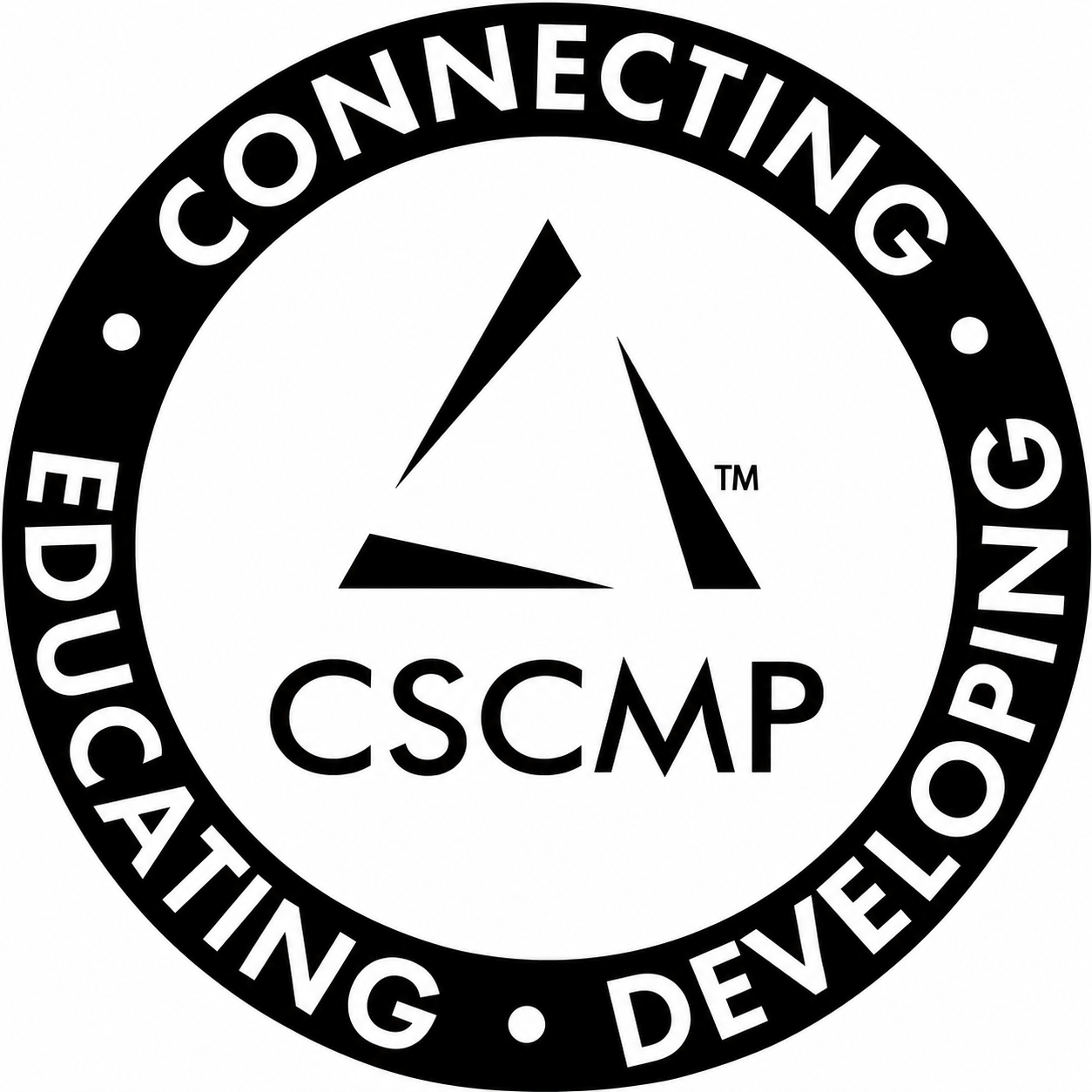 A circular logo with the words "Connecting, Educating, Developing" around the border and the acronym "CSCMP" in the center, with a stylized clock face showing three black clock hands. Council of Supply Chain Management Professionals.