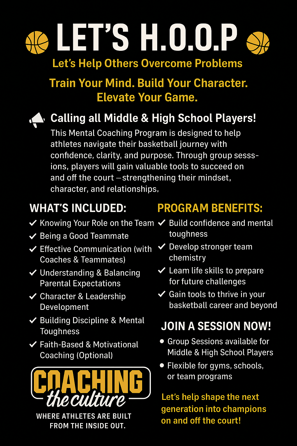An advertisement for a basketball mental coaching program called 'Let's H.O.O.P.' targeting middle and high school players, highlighting program benefits, included topics, and session details.