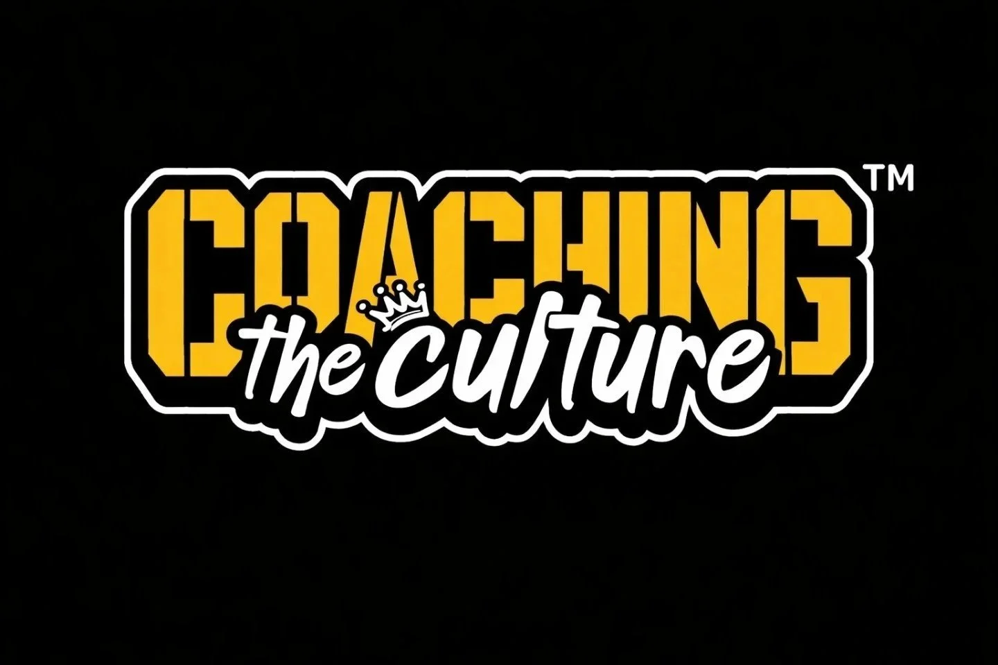 Logo for 'Coaching the Culture' with bold yellow and black text on a black background, with a stylized white and black cursive overlay.